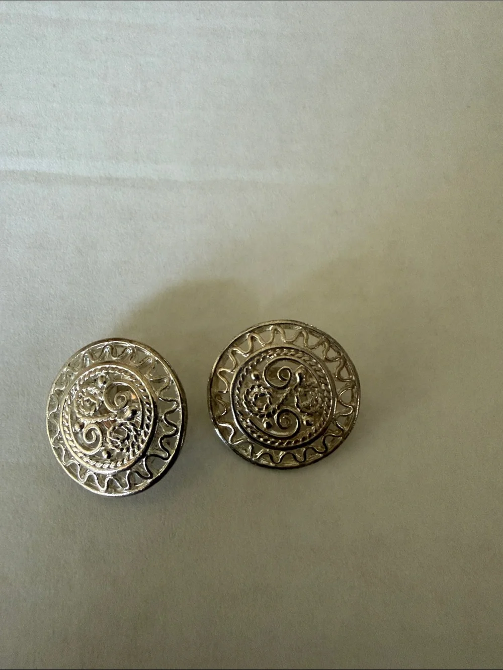 Vintage-Inspired Silver Round Button Earrings - Ornate Filigree